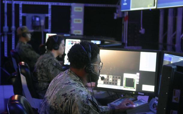 Sailors man the combat information center at Naval Support Facility Redzikowo in Poland on Dec. 16, 2024, during a simulation of the base's Aegis Ashore ballistic missile defense system's capabilities.