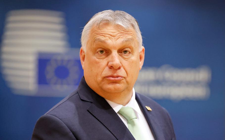 Hungary Prime Minister Viktor Orban arrives to attend a EU Summit at EU headquarters in Brussels on March 23, 2023. 