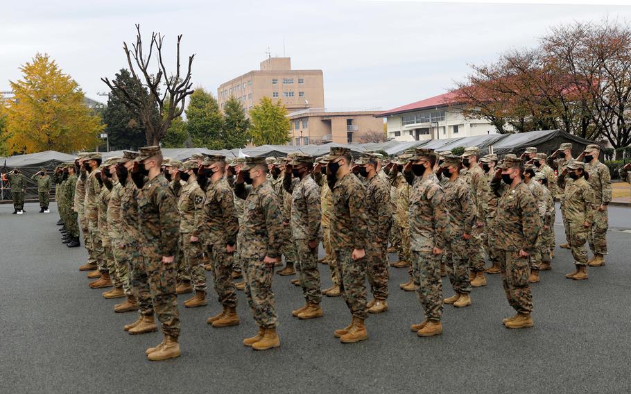 American and Japanese troops attend the opening ceremony of the annual Yama Sakura exercise at Camp Kengun, Dec. 4, 2022.