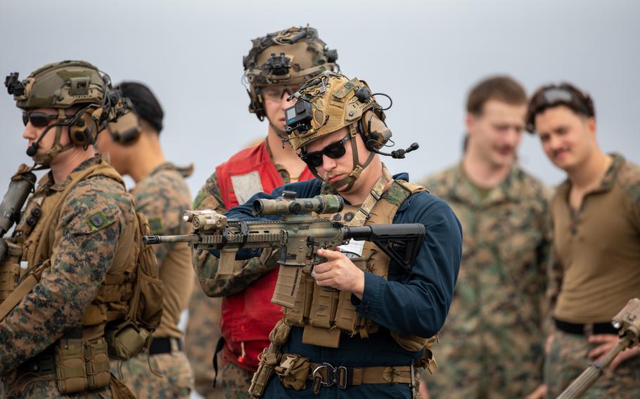 Marines with the 24th Marine Expeditionary Unit and sailors assigned to the amphibious assault ship USS Wasp conduct weapons drills on the flight deck while in the Mediterranean Sea on June 27, 2024. Wasp pulled into Souda Bay, Greece, on July 8.