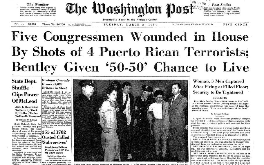 The headline on this 1954 edition of The Washington Post reads, Five Congressmen Wounded in House of Shots by Four Puerto Rican Terrorists; Bentley Given ‘50-50’ Chance to Live