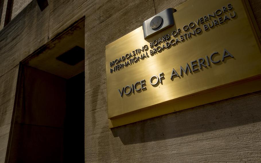 A sign outside the Voice of America building in Washington.