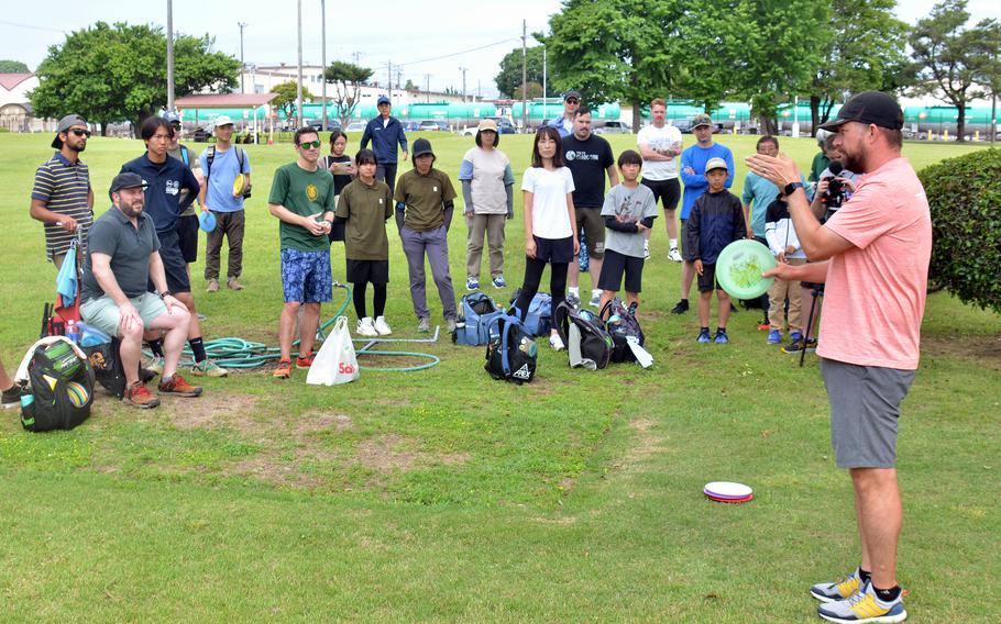 Nate Sexton, who won the United States Disc Golf Championship in 2017, puts on a clinic at Yokota Air Base, Japan, May 25, 2024.