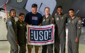 Television show, SEAL Team actor, David Boreanaz, visits the U.S. Air Force, Illinois Air National Guard, 126th Air Refueling Wing to tour a KC-135 Stratotanker at Scott Air Force Base, Illinois, Aug. 5, 2024. Boreanaz spent the day visiting members of the military around the installation. (U.S. Air National Guard photo by Staff Sgt. Aaron Rodriguez)