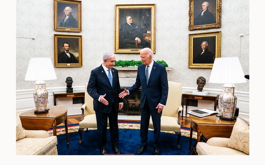 President Biden greets Israeli Prime Minister Benjamin Netanyahu at the White House on Thursday, July 25, 2024.