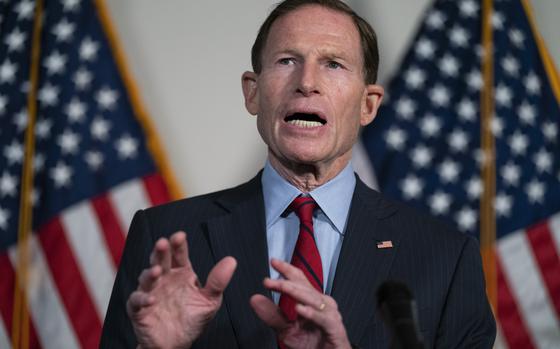 FILE - Sen. Richard Blumenthal, D-Conn., speaks during a news conference on Capitol Hill, Feb. 1, 2022, in Washington. (AP Photo/Evan Vucci, File)