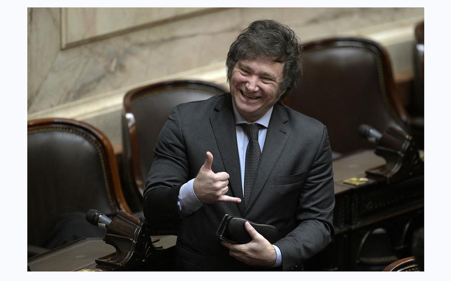 Argentina's then President-elect Javier Milei gestures during a session at the Argentine Congress in Buenos Aires on Nov. 29, 2023, where he is officially declared the winner of the runoff election. 