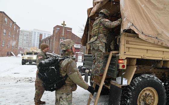 The D.C. National Guard assists the District's public safety mission in support of the D.C. Metropolitan Police Department following severe winter weather throughout the National Capital Region, Jan. 6, 2025. Soldiers and High Mobility Multipurpose Wheeled Vehicles (HMMWV) are staged across multiple police districts to provide mobility support operations until normal operations resume. (U.S. Air National Guard photo by Master Sgt. Arthur M. Wright)