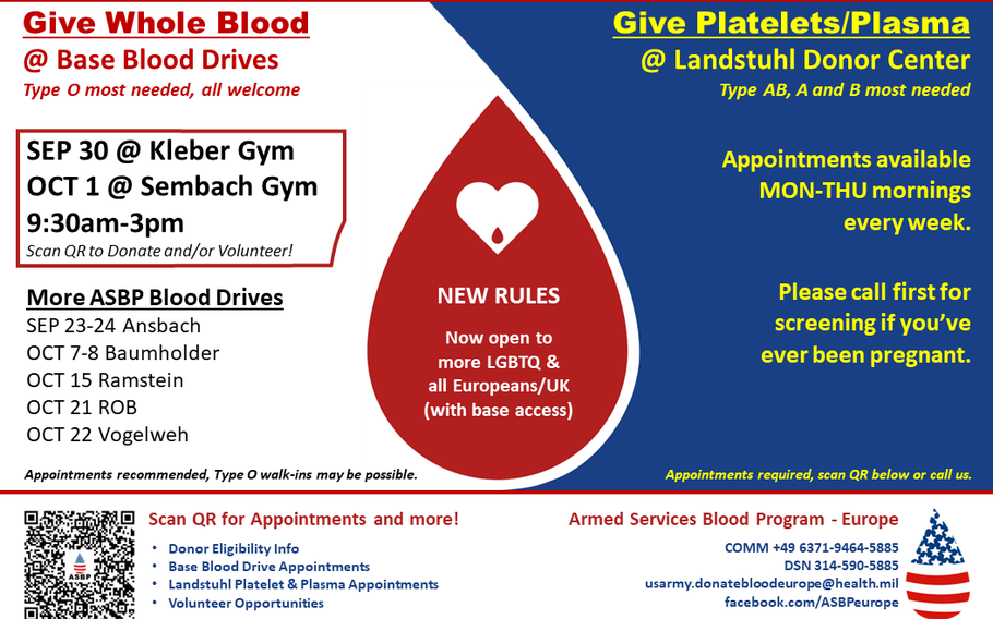 A blood drive at Kleber Gym on Sept. 30 aims to collect donations to support U.S. and NATO forces. Another session follows Oct. 1 at Sembach.