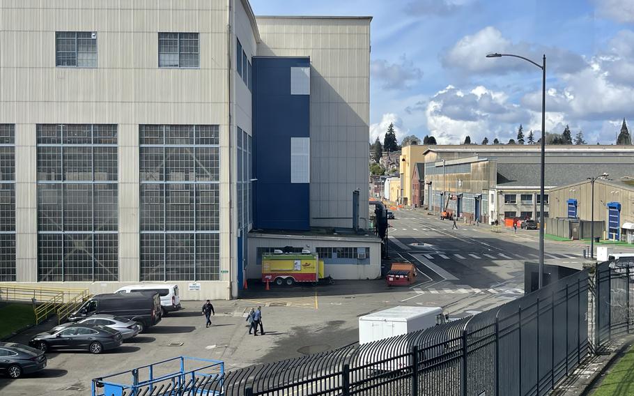 Part of the Puget Sound Naval Shipyard is seen on a mostly sunny day in Bremerton, Wash.