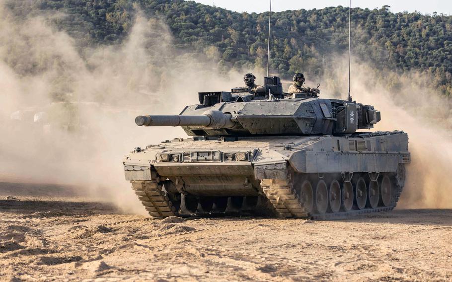 A tank returns from the shooting range as a part of an exercise in Italy.