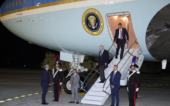 President Joe Biden arrives on Air Force One at Brindisi International Airport, Wednesday, June 12, 2024, in Brindisi, Italy.