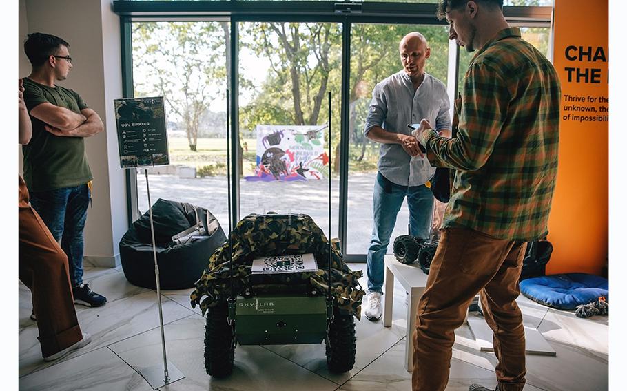 The Skylab Sirko-S, a remote-controlled go-cart-like carrier with thermal cameras, on display at the Inscience Conference in Kyiv, on June 17, 2023.