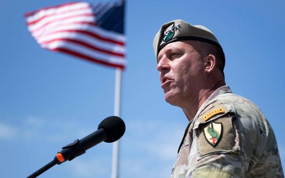 U.S. Army Gen. Michael "Erik" Kurilla speaks at a ceremony at Pointe du Hoc, France, on June 5, 2024. Kurilla, the head of U.S. Central Command, is being investigated over a claim that he shoved an airman during a flight in September.