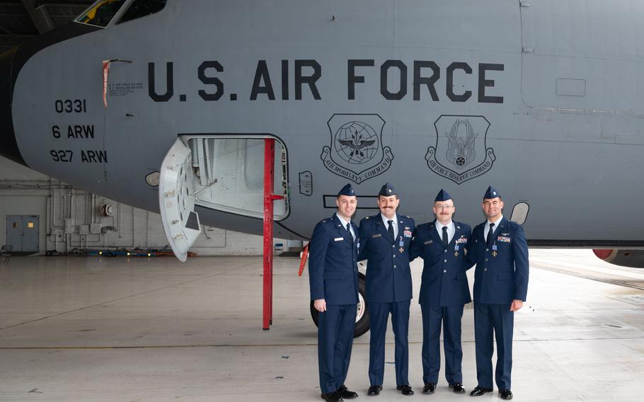 Distinguished Flying Cross recipients from the 6th Air Refueling Wing pose for a photo 