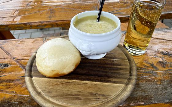 Pfaelzer Dampfnudelhof in Mehlingen, Germany, offers dampfnudel, a type of German steamed bun, as well as potato soup.