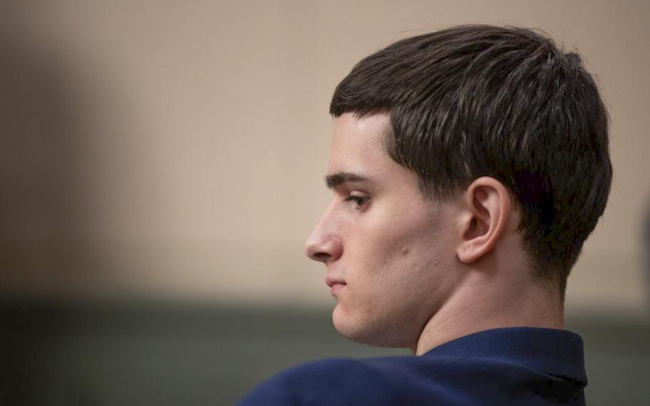 Army veteran Zachary Latham listens to opening arguments in his trial in Bridgeton, N.J. on March 30, 2023. Latham is charged in the May 2020 stabbing death of William T. Durham Sr.