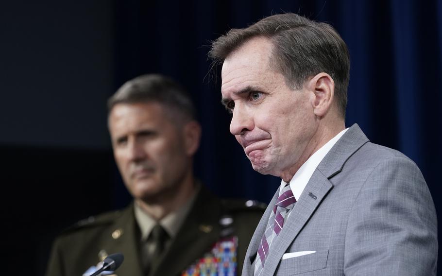 Pentagon spokesman John Kirby, right, and Army Maj. Gen. William "Hank" Taylor, left, during a briefing at the Pentagon in Washington, Saturday, Aug. 28, 2021. 