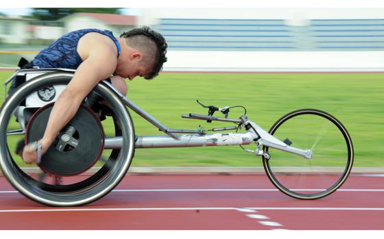 Kadena Air Base, Japan, Aug. 27, 2008: Josh Roberts, 26, from Morris, Ala., races around the track at Ryukyu Middle School on Kadena Air Base. Roberts is one of the 82 athletes on the U.S. Paralympics swim and track teams training on Kadena and Camp Foster  in preparation for the 2008 Paralympic games in Beijing.

Check out Stars and Stripes Sports pages for coverage of some of the military and veteran paralympians at this year's Paralympics Games in Paris, held August 28, 2024 – September 8, 2024.
https://www.stripes.com/sports/

META TAGS:  Paralympics Games; athletes; paralymian; Paris; 