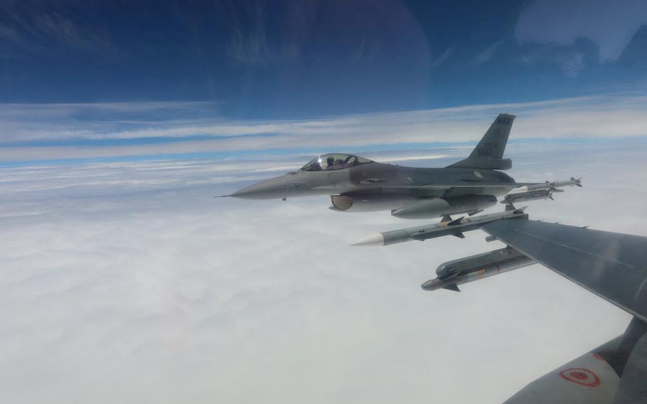 Taiwanese air force F-16 aircraft fly during a mission at an undisclosed location over Taiwan on May 23, 2024.