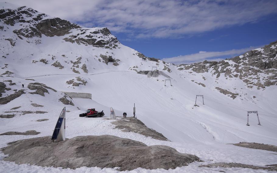 Snow covers the Schneeferner glacier near the top of Germany’s highest mountain Zugspitze near Garmisch-Partenkirchen, Germany, Tuesday, Oct. 18, 2022. 