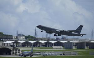 FILE - A U.S. Air Force KC-135 Stratotanker refueling tanker aircraft takes off from the Kadena Air Base airfield in Kadena Town, west of Okinawa, southern Japan, Wednesday, Aug. 30, 2023. (AP Photo/Hiro Komae, File)