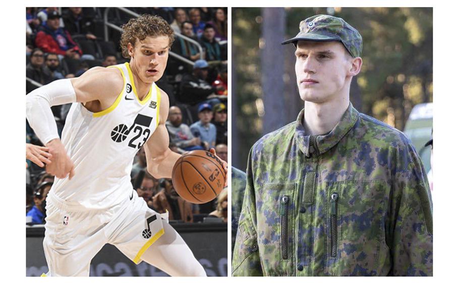 Lauri Markkanen seen in a Dec. 20, 2022, post playing with the Utah Jazz, and as a private in the Finnish army.