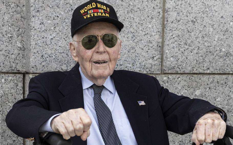 World War II Navy veteran Lt. Cmdr. Jeffrey Donahue, age 100, poses for a photo before the 20th anniversary celebration of the National World War II Memorial in Washington, May 25, 2024.