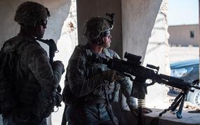 U.S. Army Soldiers assigned to Bravo Company, 1st Battalion, 121st Infantry Regiment, Georgia Army National Guard, provide security during a patrol in Northeast Syria, Oct. 29, 2024. Patrols help keep communities secure, providing essential stability in the Middle Euphrates River Valley (MERV). (U.S. Army photo by Capt. Daniel Andrews)