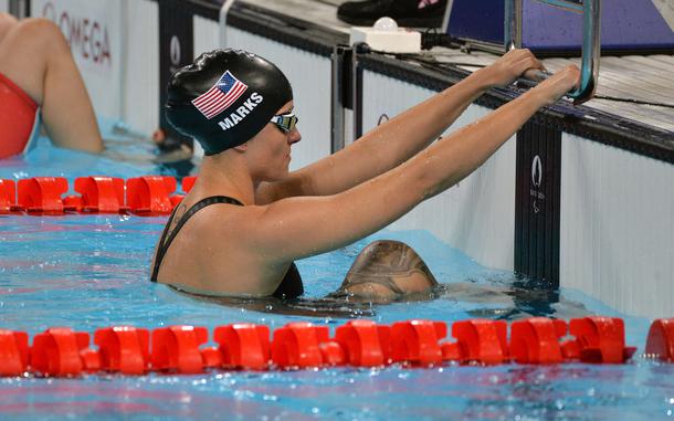 Ellie Marks, a sergeant first class in the U.S> Army, at the start of the mixed 4x50 medley relay at the 2024 Paris Paralympics, Sept. 5, 2024. The U.S. team finished second with an Americas record time of 2:31.01. China set a new world record with a time of 2:24.83.