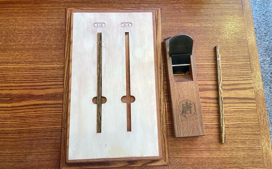 Tools for making chopsticks at Wood Works Kawagoe in Kawagoe, Japan.