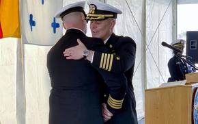 Capt. Matthew Kiser relinquishes command of USS Mount Whitney to Capt. Colin Price during a ceremony in Gaeta, Italy, on Jan. 31, 2025.