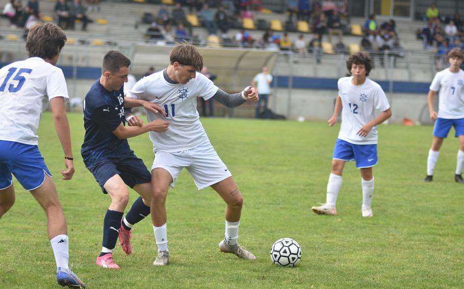 Rota’s Christian Weaver and Aviano’s Kamdyn Moncur battle for the ball Saturday, April 27, 2024, in the Saints 3-2 victory over the Admirals in Aviano, Italy.