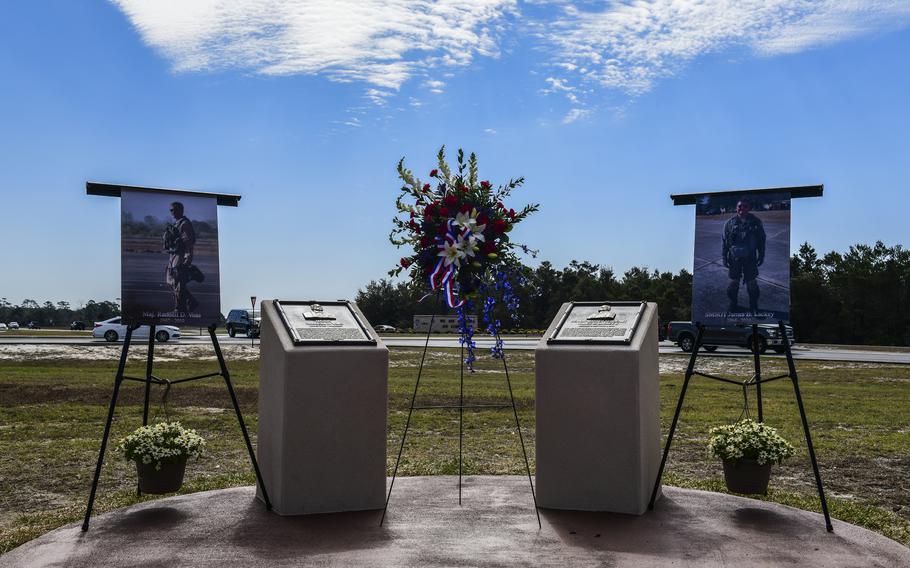 A memorial dedication was held at Hurlburt Field, Fla., March 16, 2018. The traffic circle that holds the fallen CV-22 Osprey replica was dedicated to U.S. Air Force Maj. Randell Voas, evaluator pilot with the 8th Special Operations Squadron, and Senior Master Sgt. James Lackey, an evaluator flight engineer with the 8th SOS,