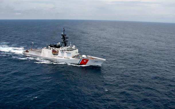 The U.S. Coast Guard cutter Waesche steams through the South China Sea on July 16, 2024.