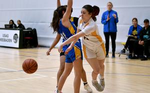 Stuttgart guard Mia Snyder passes the ball around Wiesbaden guard Katie Shea during a Division I semifinal game at the 2025 DODEA European basketball championships on Feb. 14, 2025, at the Wiesbaden Sports and Fitness Center in Wiesbaden, Germany.