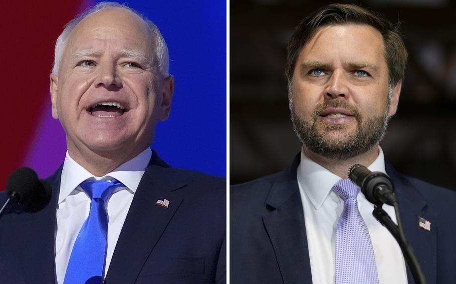 Democratic vice presidential candidate Minnesota Gov. Tim Walz, left, at the DNC on Aug. 21, 2024, in Chicago, and Republican vice presidential nominee Sen. JD Vance, R-Ohio, on Sept. 25, 2024, in Traverse City, Mich. 