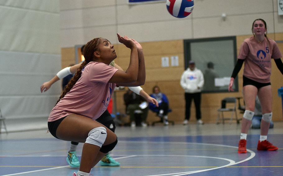 Kaiserslautern junior Briana Shields dips down to hit the ball during the 2024 DODEA-Europe All-Star volleyball matches on Nov. 9, 2024, at Ramstein High School on Ramstein Air Base, Germany.