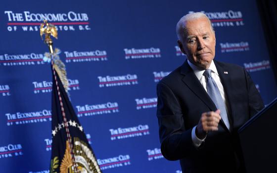 U.S. President Joe Biden departs after delivering remarks at the Economic Club of Washington, D.C., on Sept. 19, 2024. (Yuri Gripas/Abaca Press/TNS)