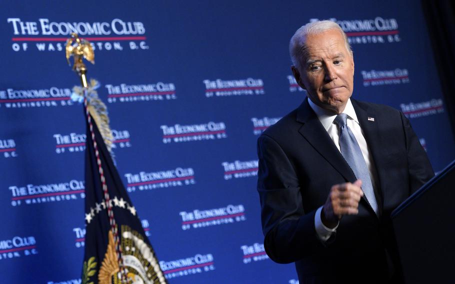 Joe Biden departs after delivering remarks at the Economic Club