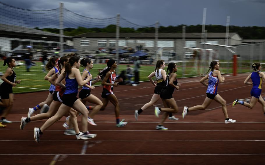 Sigonella’s Isabella Lyon leads the pack during the girls 3,200-meter varsity run at the 2024 DODEA European Championships at Kaiserslautern High School in Kaiserslautern, Germany, on May 24, 2024. She set a personal record of 12:04.69 to win the race.
