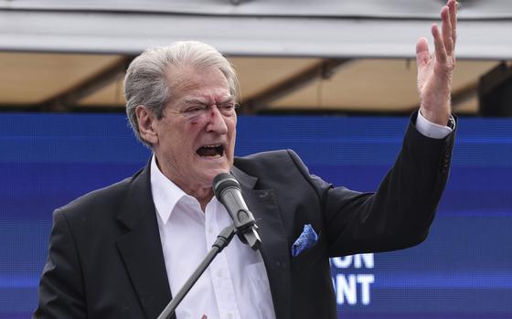 FILE - Sali Berisha, the leader of the Albanian opposition center-right Democratic Party, speaks in Tirana, Albania , Tuesday, Dec. 6, 2022. (AP Photo/Franc Zhurda, File)