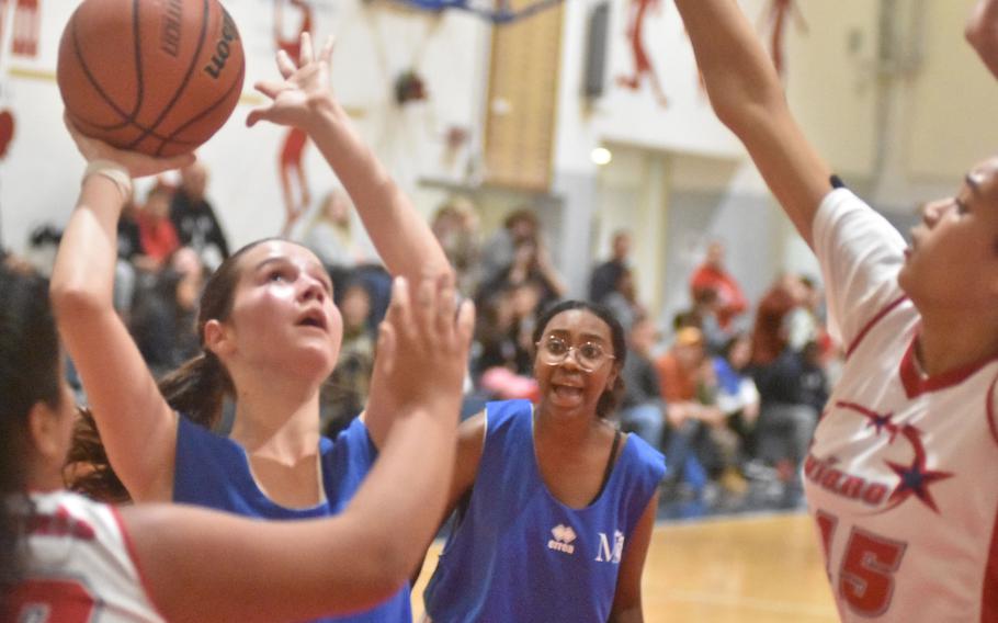 Marymount’s Eleanor Celeste tries to score against Aviano in the Saints’ 48-26 victory on Friday, Dec. 1, 2023.