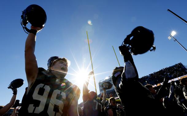 Army place kicker Trey Gronotte (96) celebrates their 20-3 win over Air Force following an NCAA college football game, Saturday, Nov. 2, 2024, in West Point, N.Y. (AP Photo/Rich Schultz)