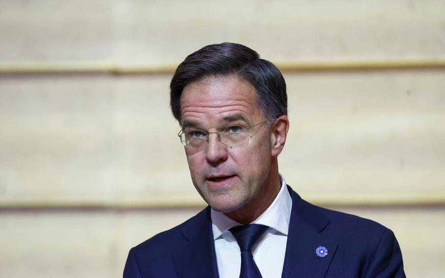 Mark Rutte delivers a speech during at the Elysee Palace in Paris on Tuesday, Nov. 12, 2024. 