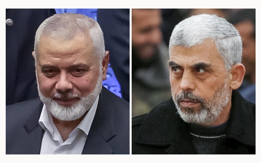 Hamas’ former political leader Ismail Haniyeh, left, and Yehiya Sinwar, believed to be the mastermind behind Oct. 7, 2023, Hamas attack on Israel that killed at least 1,200 people.