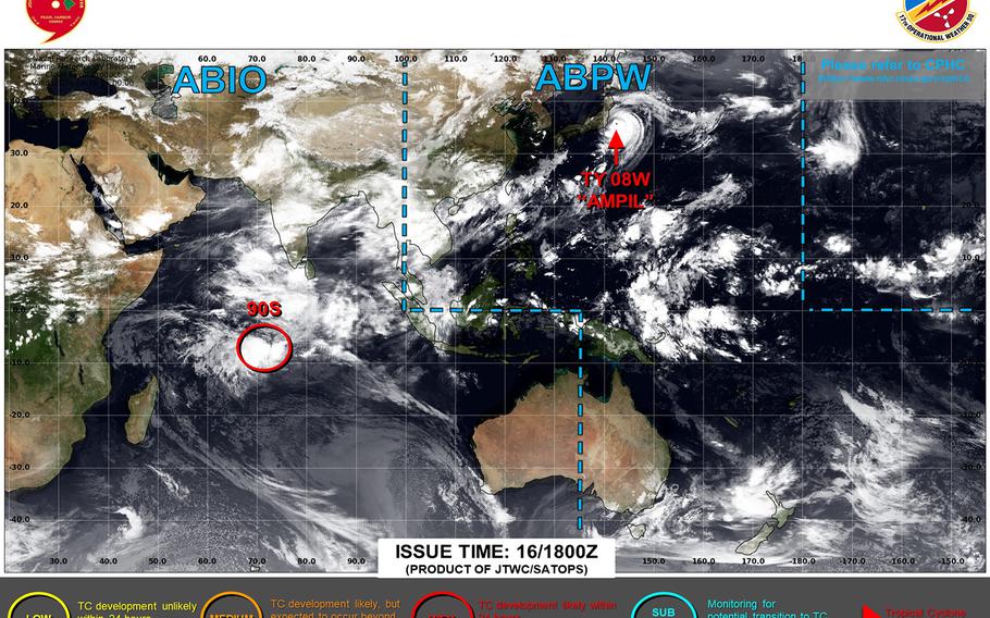 All Clear declared at Yokosuka as Typhoon Ampil continues moving  northeast away from Tokyo. TCCOR Storm Watch remains in place elsewhere in Kanto Plain.