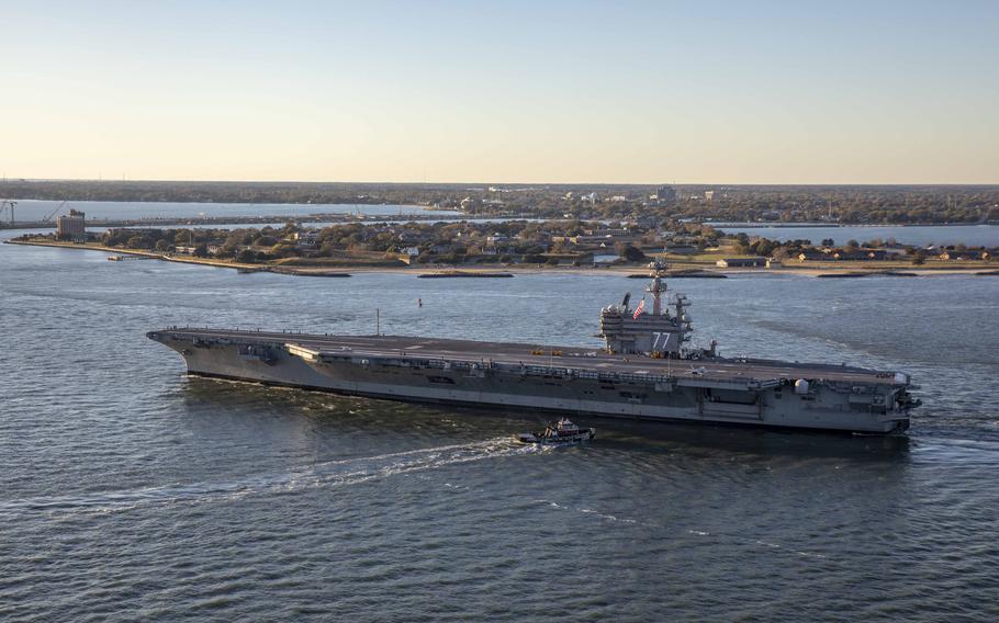 The USS George H.W. Bush sets sail after completing maintenance work.