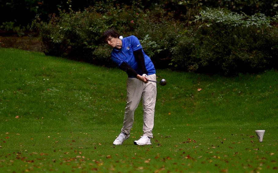 Milo Singleton drives off the ninth hole.