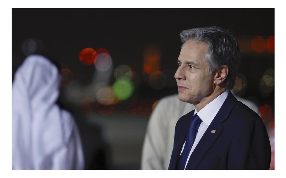 U.S. Secretary of State Antony Blinken looks on as he arrives in Abu Dhabi,  in United Arab Emirates, on Jan. 7, 2024. 